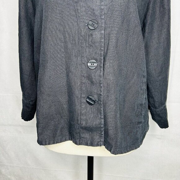 Flax 100% Black Linen Jacket Womens Sz M Button-Front Lagenlook Slash Pockets - Picture 3 of 6
